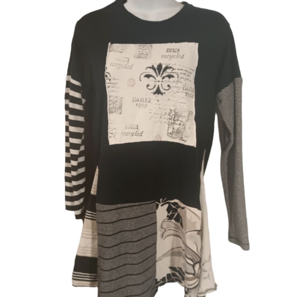 Super Recycled upcycled patchwork black/white/tan fit & flare tunic size S